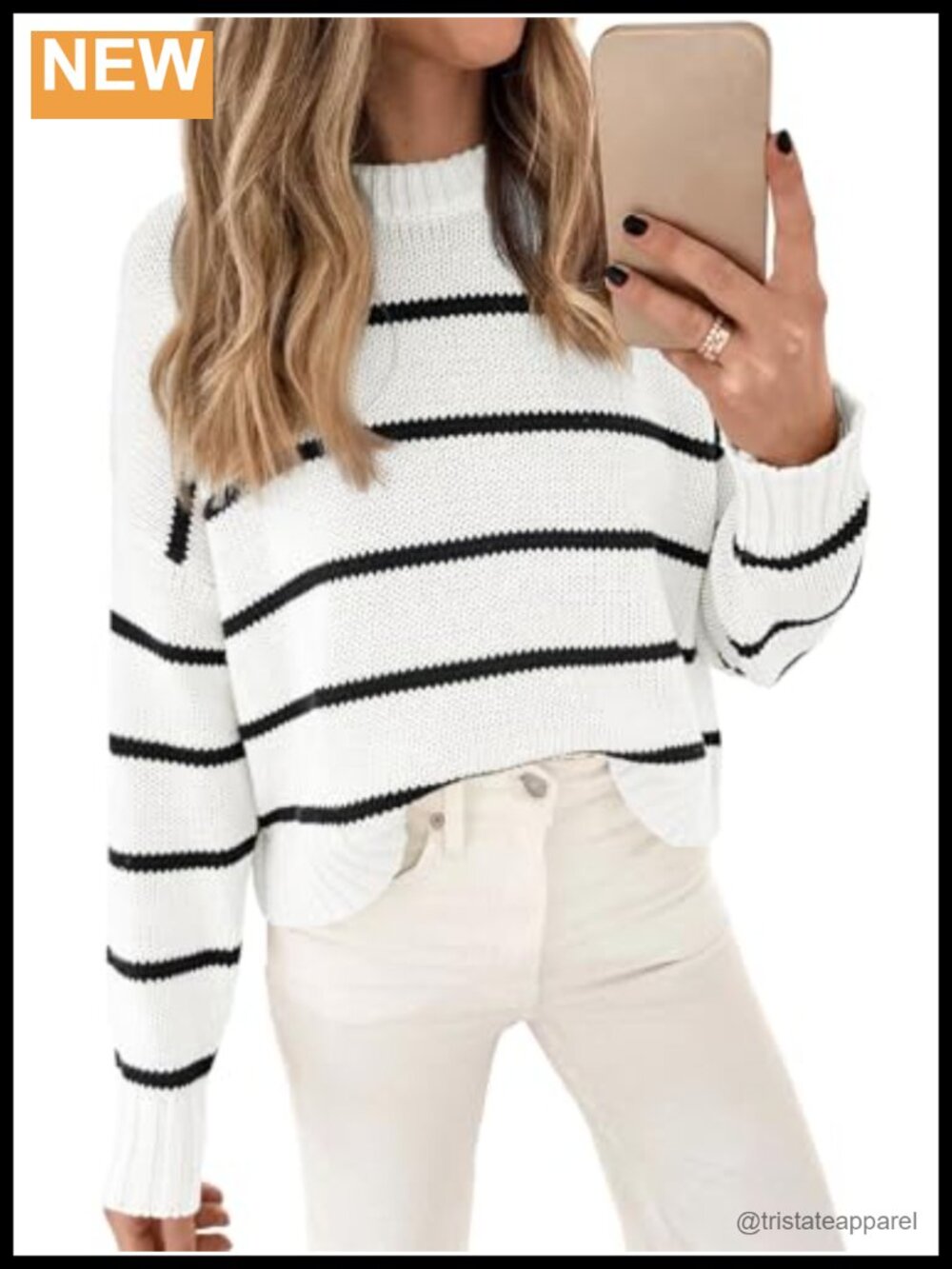 Women's Cotton Striped Cropped Pullover Sweater Crew Neck Long Sleeve